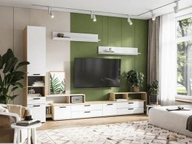 Модульная стенка Санса (дуб сонома/белый) в Тулинском - tulinskij.mebel-nsk.ru | фото